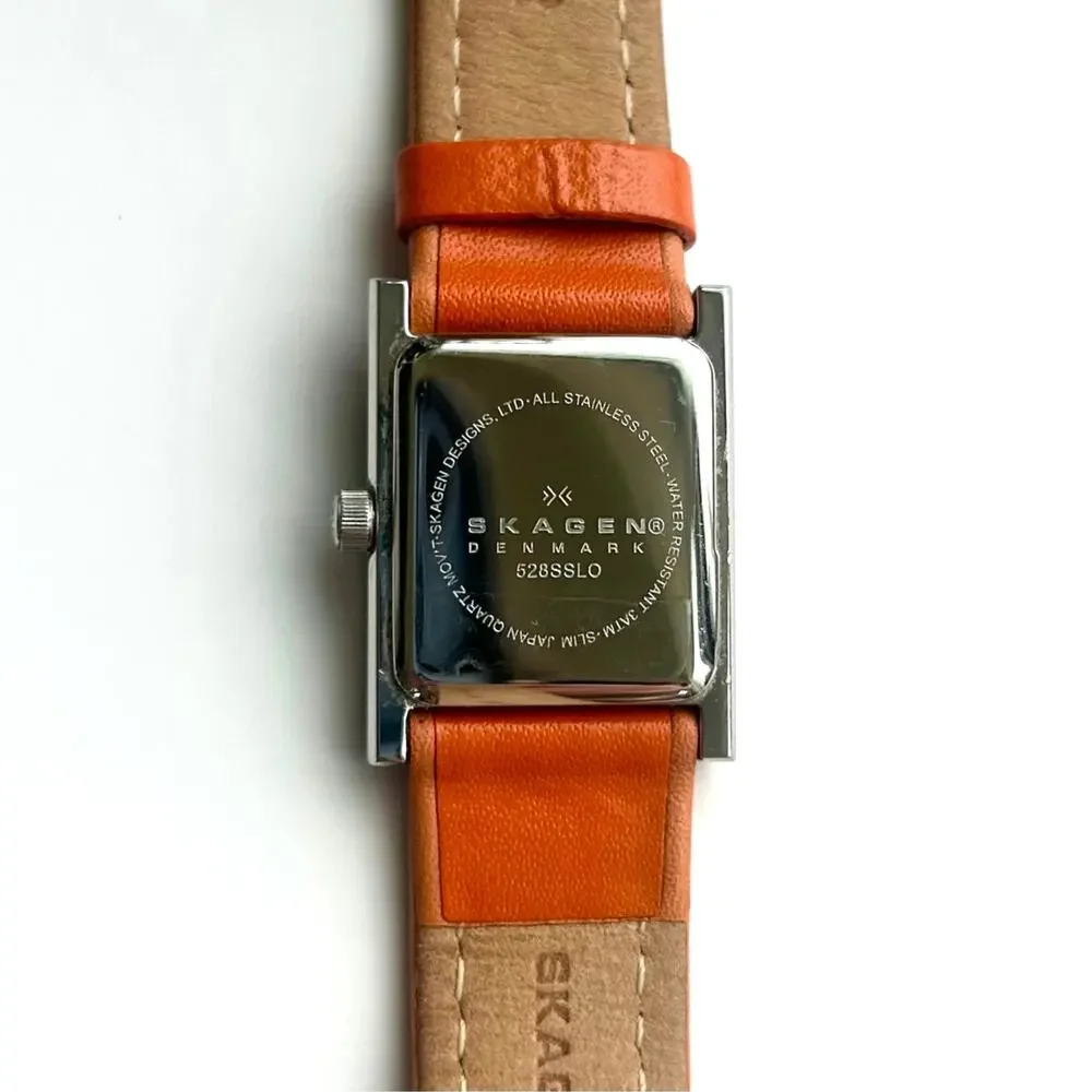 Skagen Denmark Square Watch Mother of Pearl Orange Leather Strap 2000s Vintage - Picture 4 of 14
